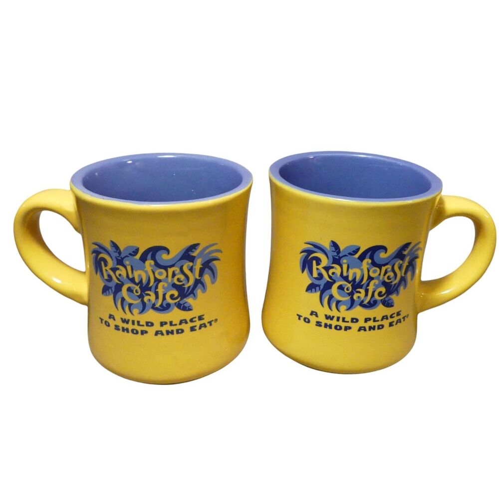 Rainforest Cafe A Wild Place to Shop and Eat Yellow and Blue 2 Coffee Mugs Heavy